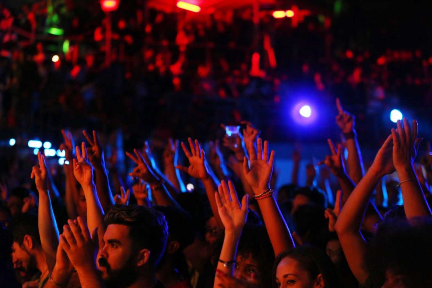 concert goers with raised hands