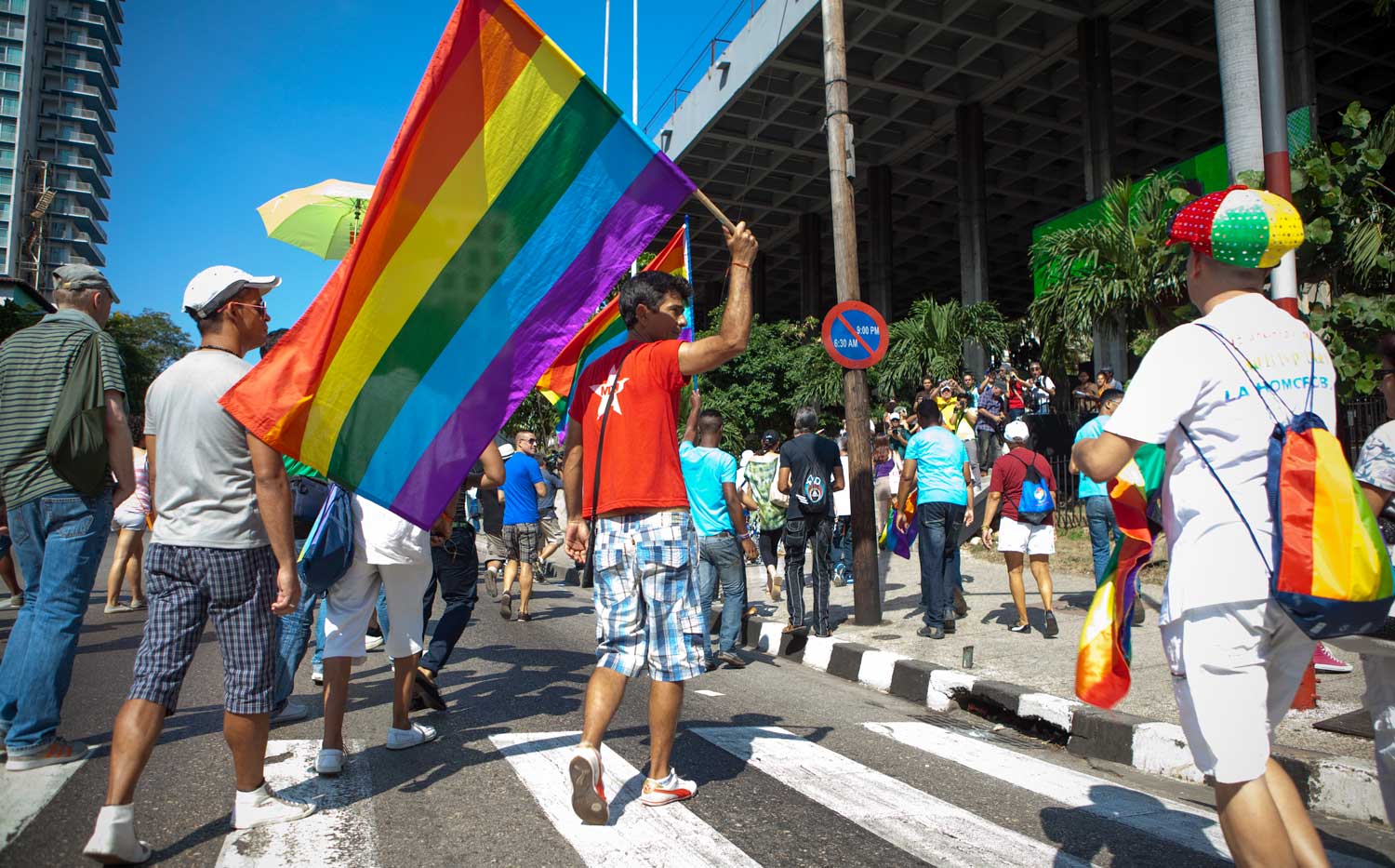man carrying a rainbow flag at a protest